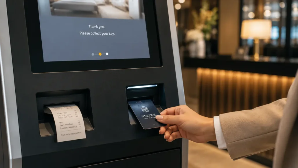 RFID room key card issued automatically through hotel self check-in kiosk