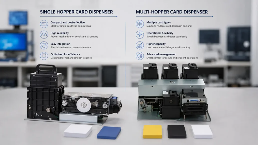Single hopper and multi-hopper card dispenser comparison for kiosk integration