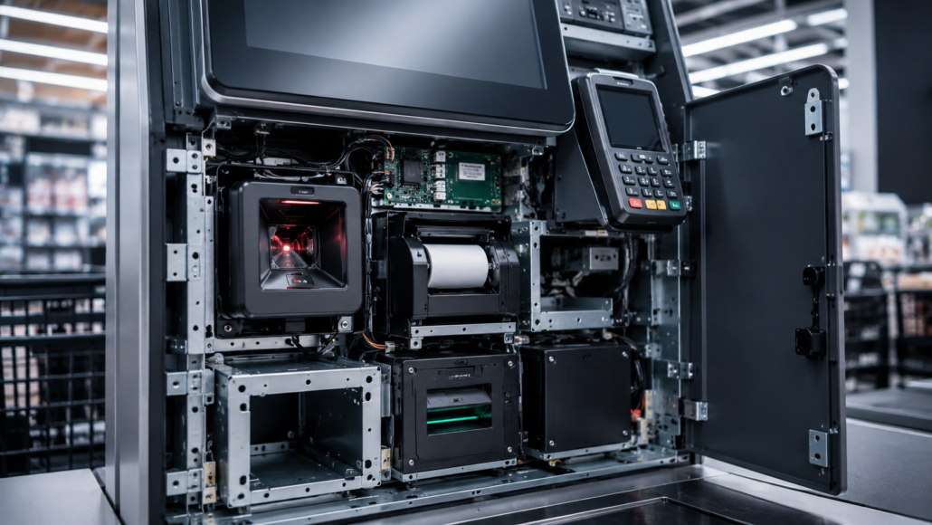 Integrated barcode scanner and thermal receipt printer hardware inside a self-checkout terminal