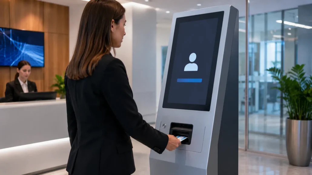 Self-service visitor management kiosk issuing access card to visitor