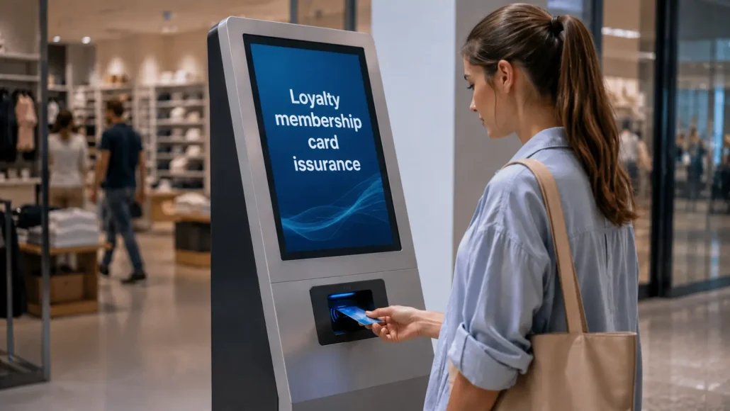 Motorized card dispenser integrated into membership card issuance kiosk for automated card delivery