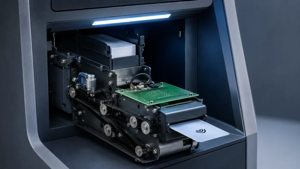 Motorized card dispenser issuing RFID card in self-service kiosk system
