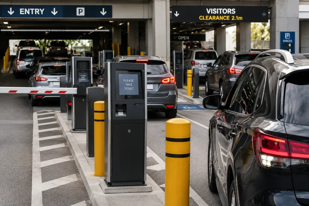 Parking ticketing kiosk handling high vehicle traffic during peak operating hours