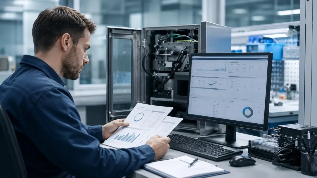 Maintenance engineer reviewing card dispenser inspection schedule and reliability records