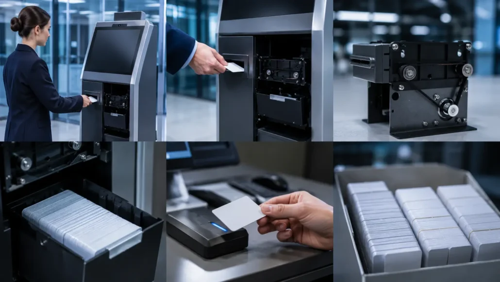 Workflow showing card issuance, collection, storage and reuse in self-service systems