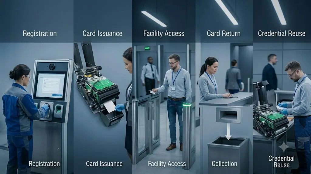 Visitor credential lifecycle showing card issuance, usage, return and reuse process