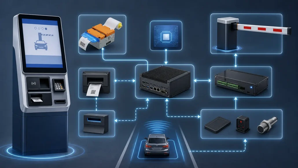 Parking kiosk printer system architecture with industrial PC, barrier gate and ticket control workflow