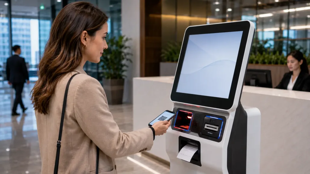 Visitor completing identity verification using QR code at registration kiosk