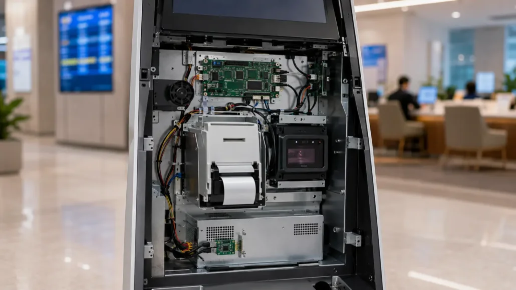 Integrated thermal printer and control hardware inside queue management kiosk