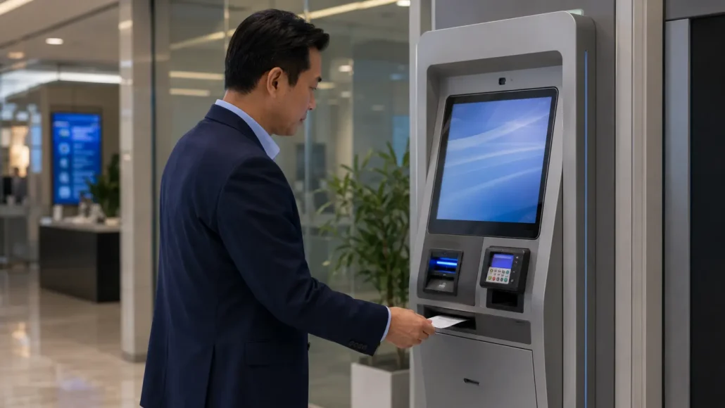 Banking kiosk printer delivering transaction receipt