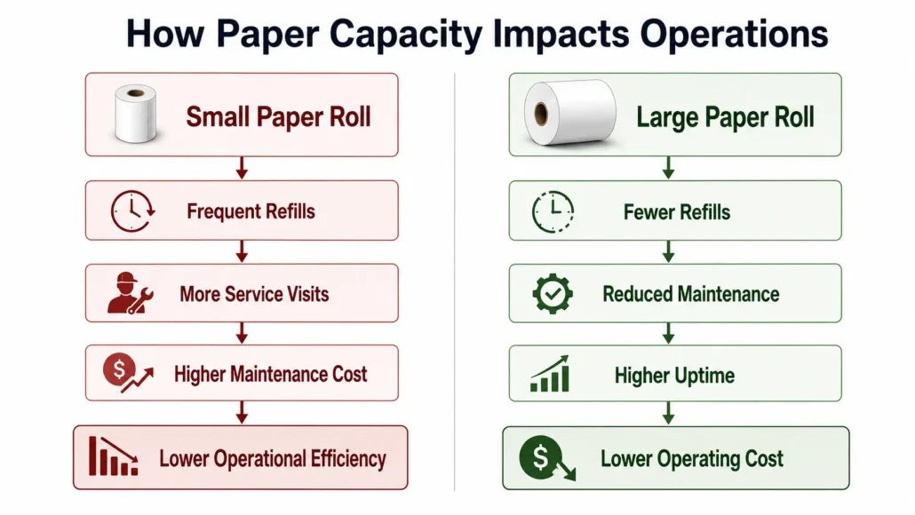 Relationship between paper roll capacity maintenance frequency and kiosk uptime
