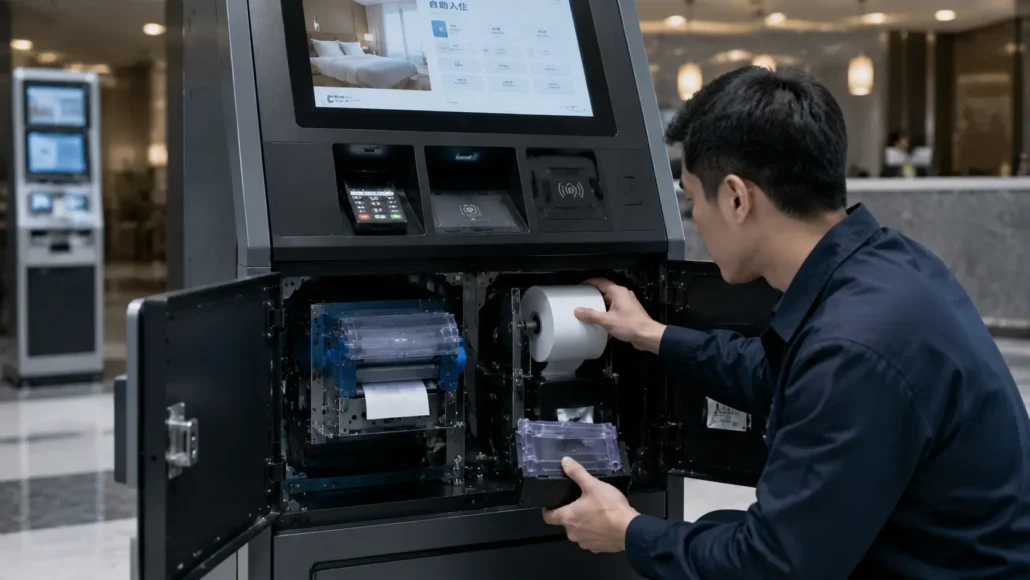 maintenance technician servicing hotel self check-in kiosk