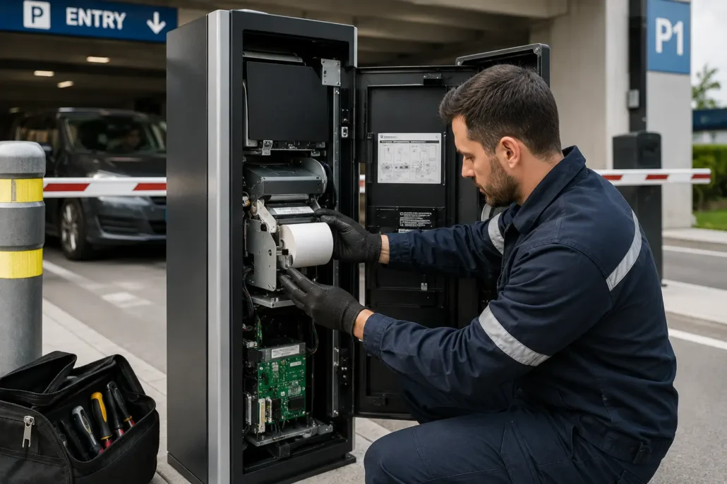 Maintenance engineer servicing a parking ticket printer through a front-access kiosk design