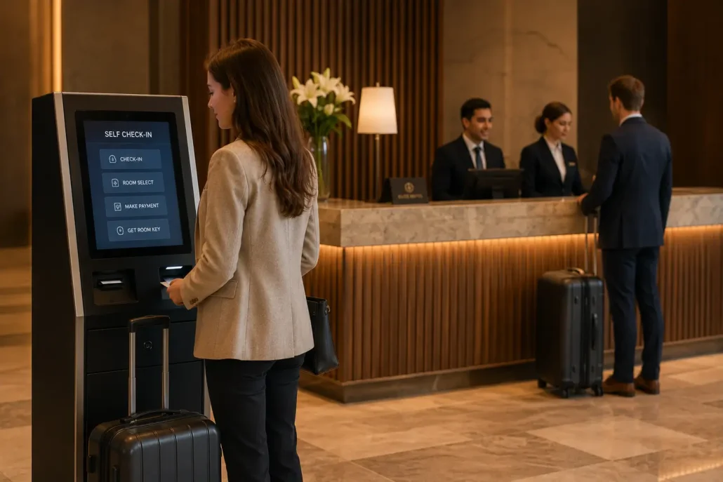 Hotel self check-in kiosk helping reduce front desk workload during guest registration