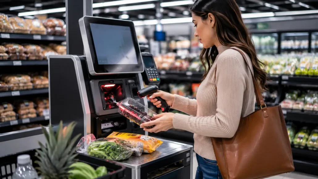 Customer scanning products using integrated barcode scanner at self-checkout kiosk