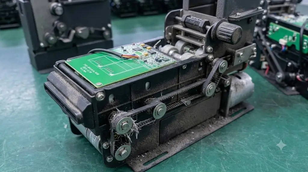 Card dispenser components affected by dust accumulation and card contamination in long-term deployment