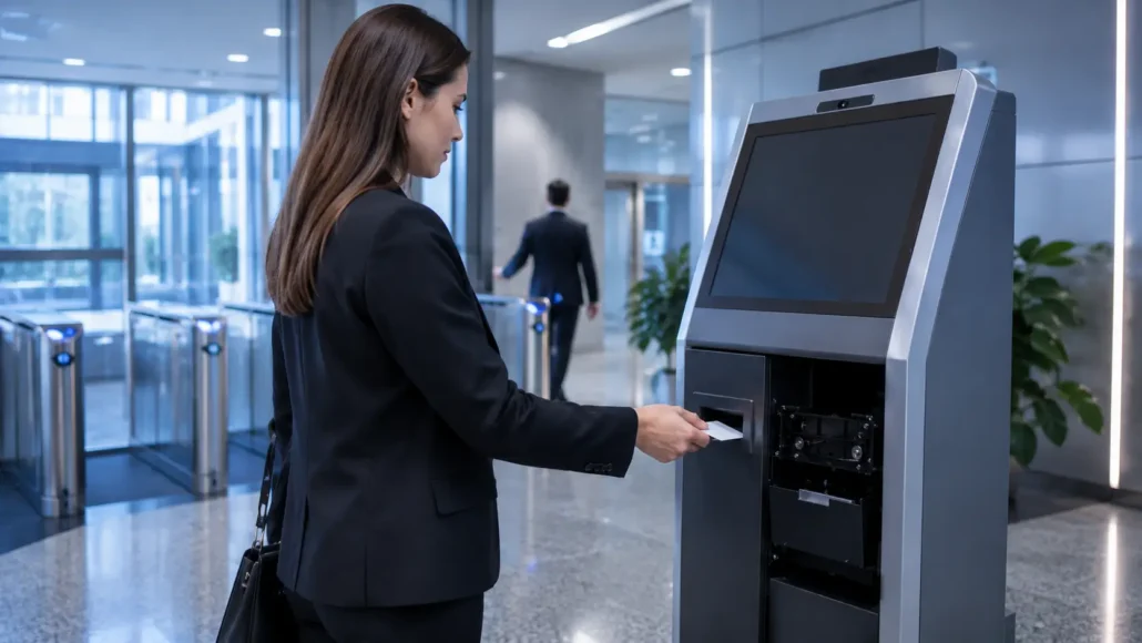 Visitor returning access card into automated card collection kiosk at facility exit