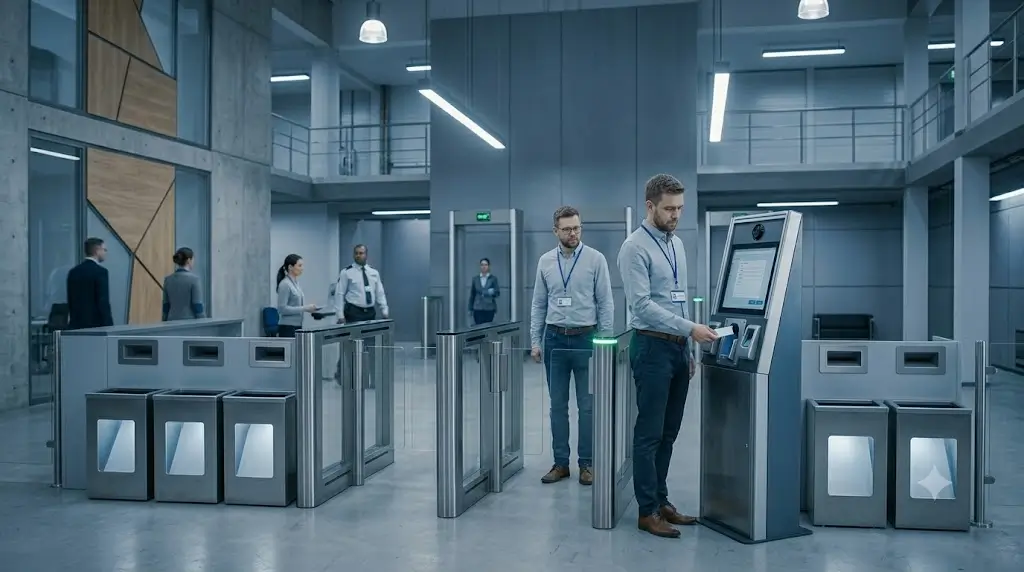 Visitor returning temporary access card at facility exit using automated card collection kiosk