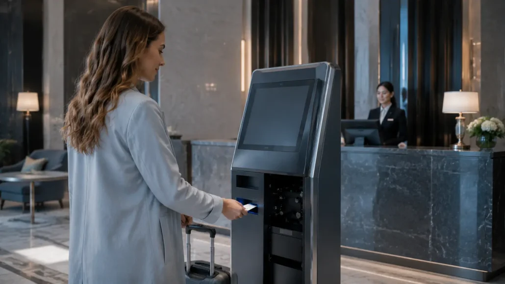 Guest using hotel self check-in kiosk and receiving RFID room key card