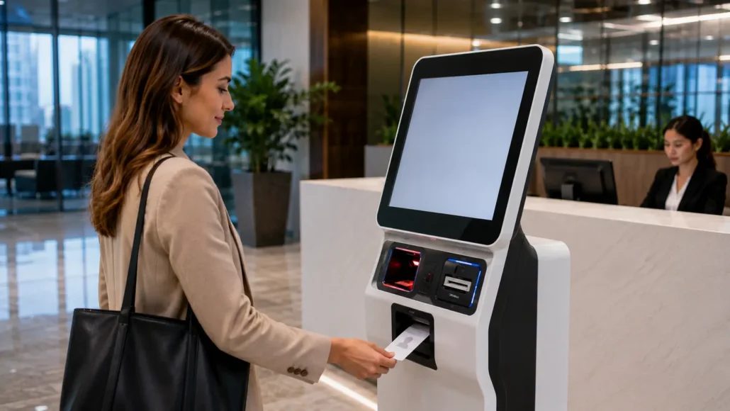Visitor access card issued automatically through self-service registration kiosk