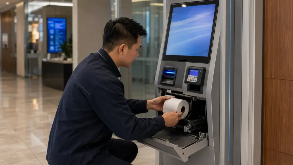 Maintaining kiosk printer inside banking self-service terminal