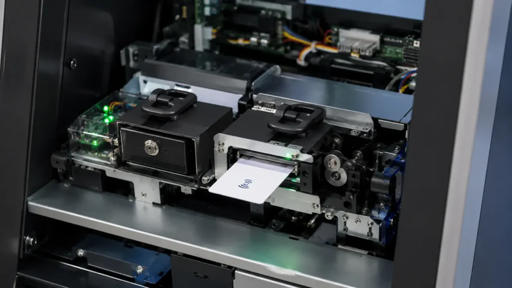 RFID card encoding and dispensing workflow inside self-service kiosk