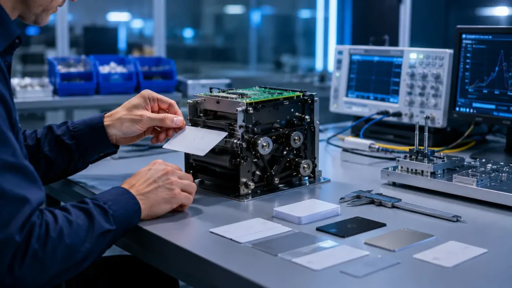Engineer testing RFID access control cards with a motorized card dispenser