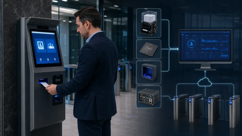 Access control kiosk hardware architecture with identity verification card issuance and credential management