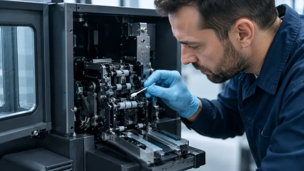 Technician cleaning card transport path rollers and optical sensors inside motorized card dispenser