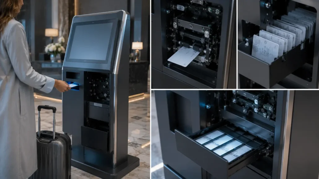 Returned hotel room cards being automatically collected and recycled through hotel kiosk system