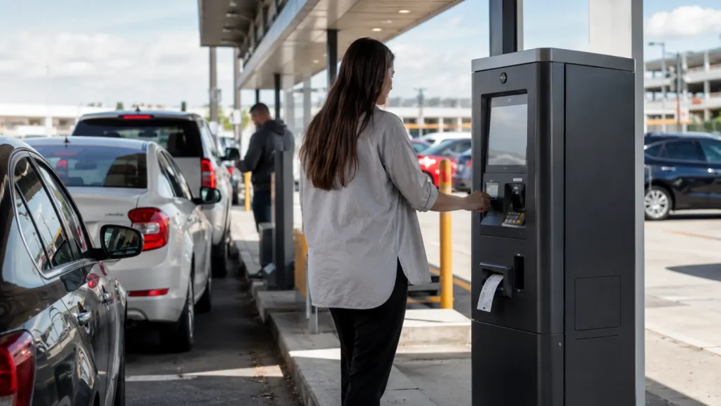 Parking payment kiosk using large paper roll capacity to reduce maintenance visits