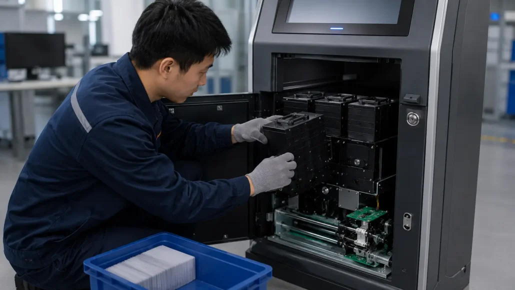 Technician managing card dispenser maintenance and card inventory in self-service deployment