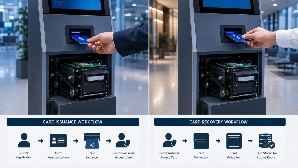 Comparison between card issuance workflow and card recovery workflow in self-service systems