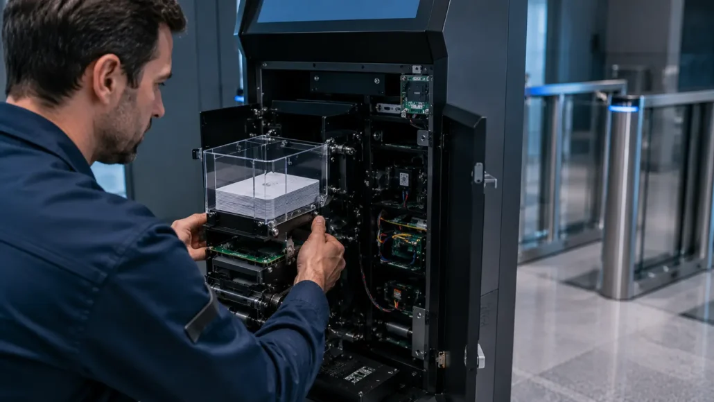 Technician loading and maintaining a card dispenser inside an access control kiosk