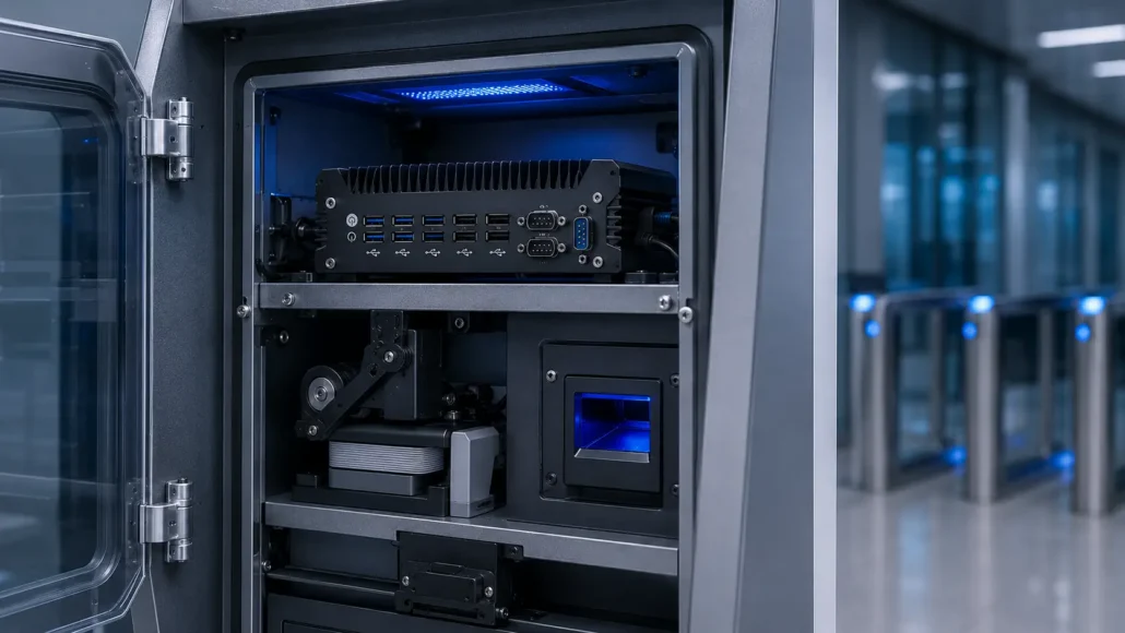 Fanless industrial computer installed inside self-service kiosk enclosure for reliable long-term operation