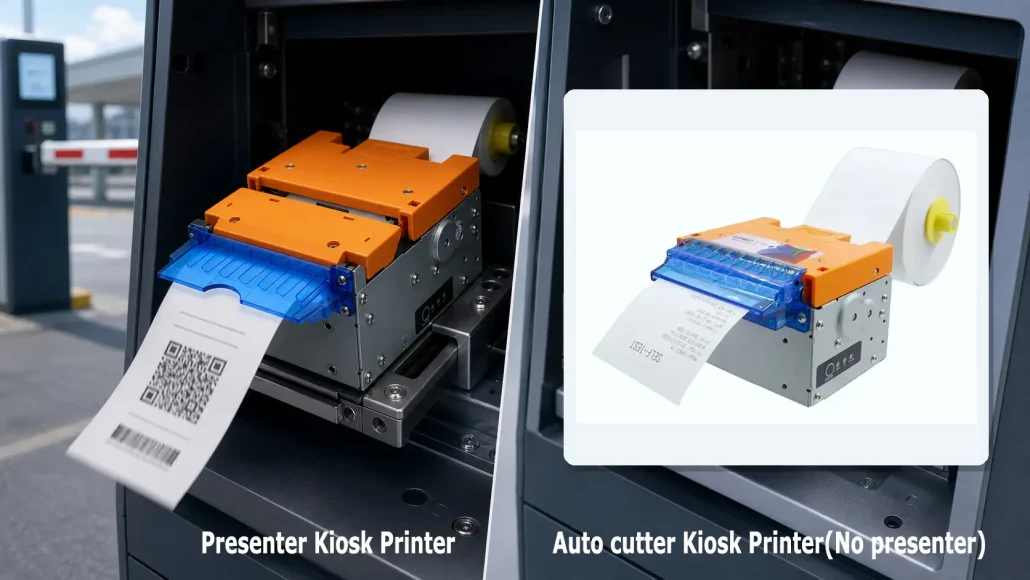 Comparison between auto cutter kiosk printer and presenter kiosk printer in parking ticket system