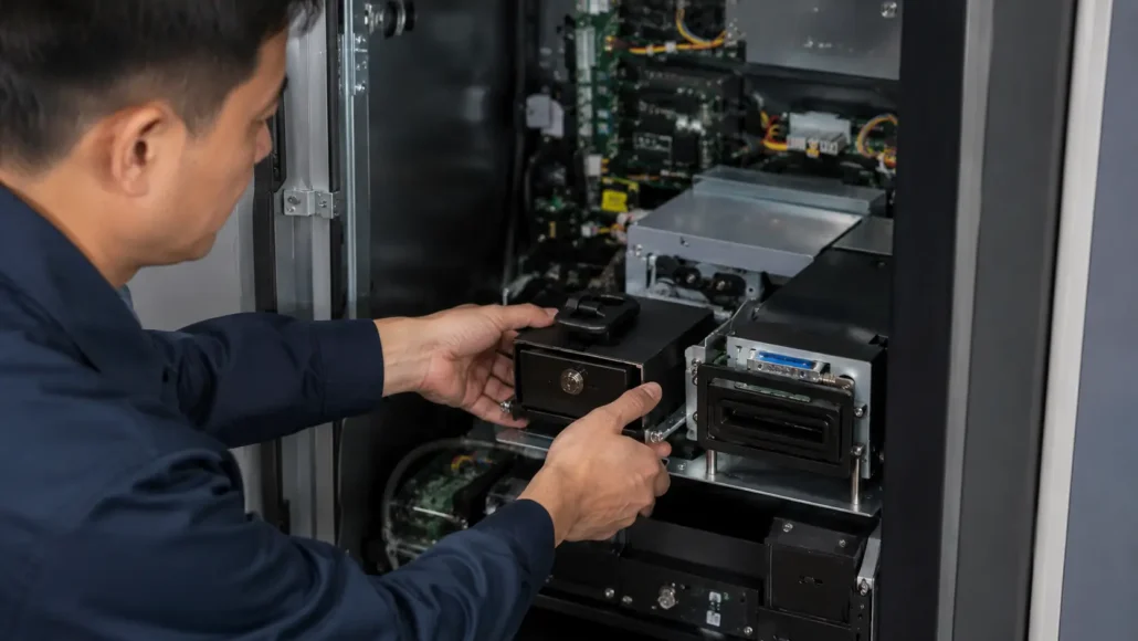 Technician maintaining motorized card dispenser inside kiosk cabinet