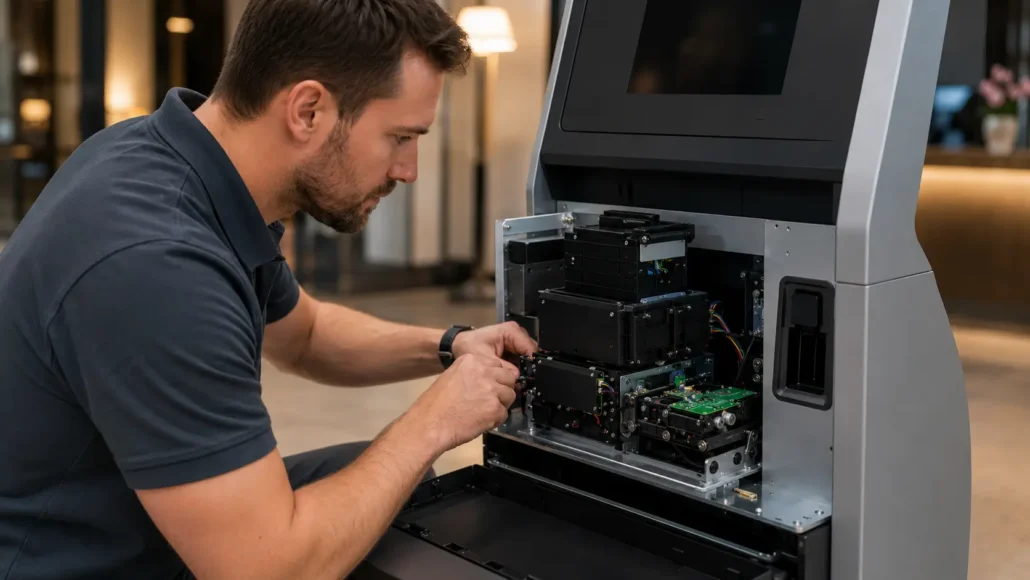 Technician maintaining RFID card dispenser inside hotel self check-in kiosk