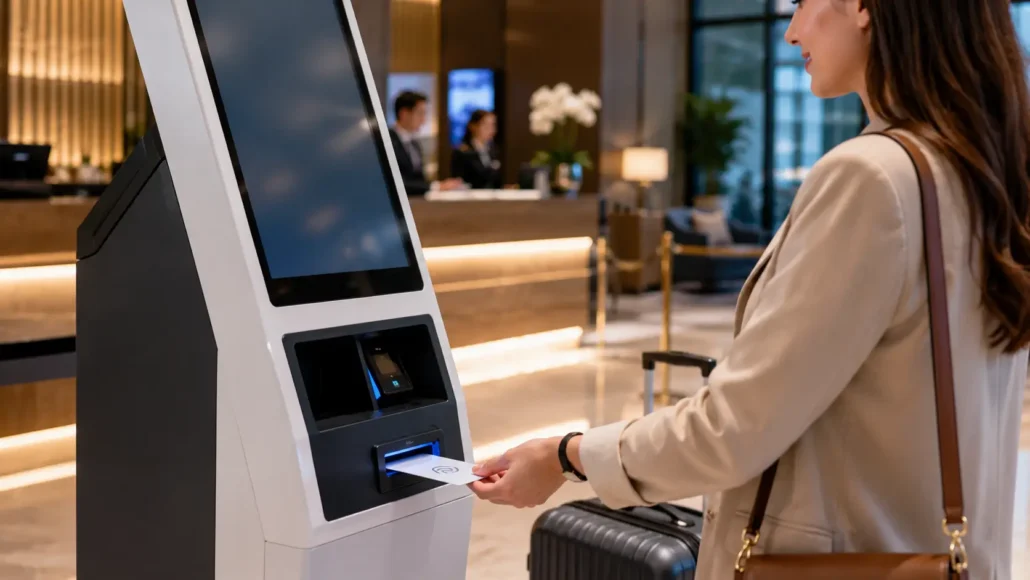 Hotel self check-in kiosk issuing RFID room card to guest