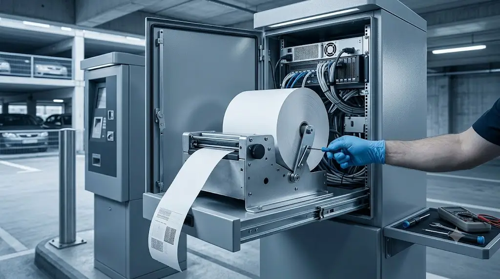 Large paper roll capacity for parking kiosk printer reducing maintenance visits