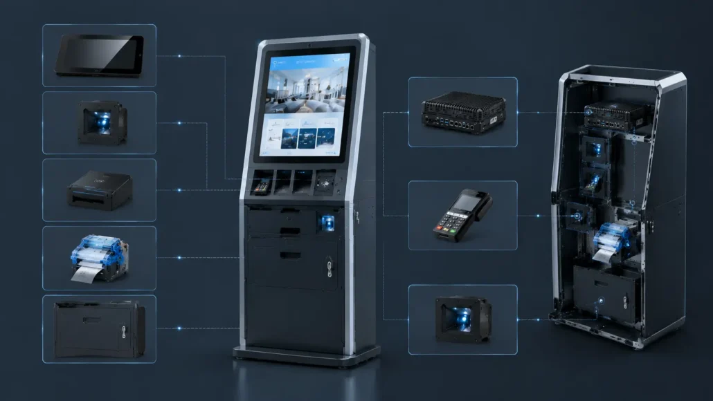 Modular hotel self-service kiosk hardware system diagram style