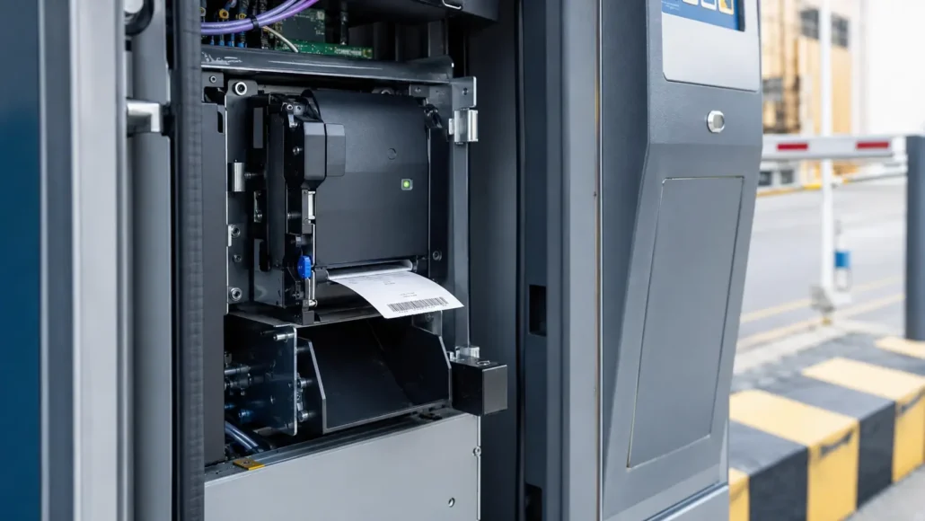 Parking ticket printer showing controlled ticket delivery for unattended parking kiosk