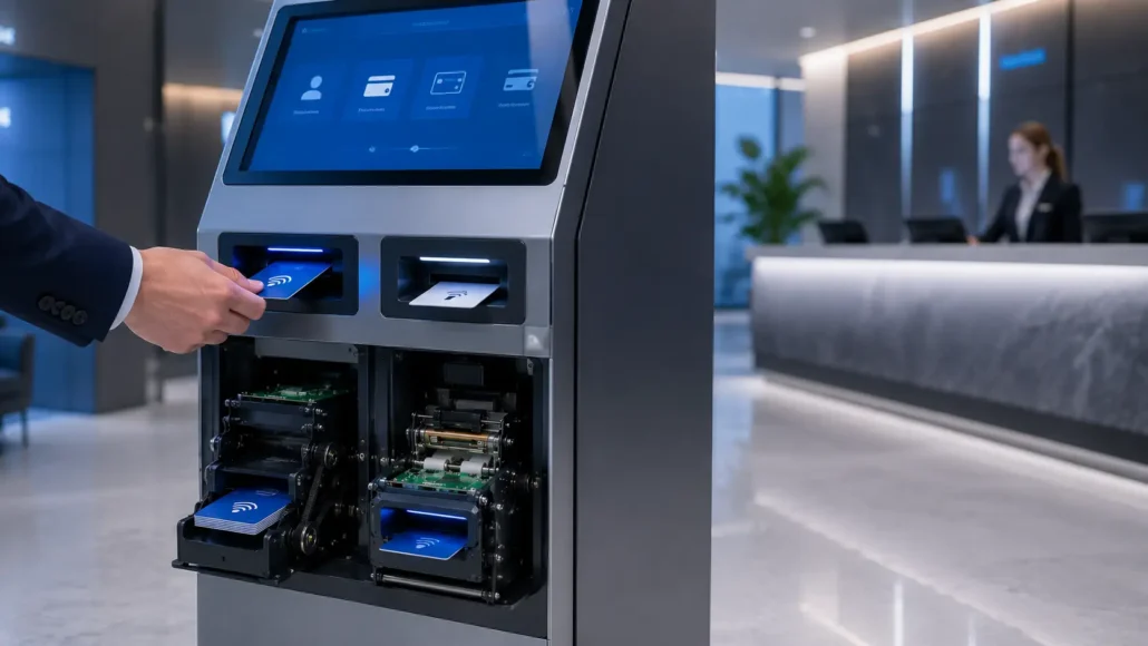 Hotel and visitor management system using card issuing and card collection hardware