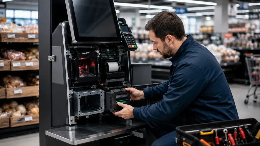 Technician servicing barcode scanner and receipt printer modules inside self-checkout terminal