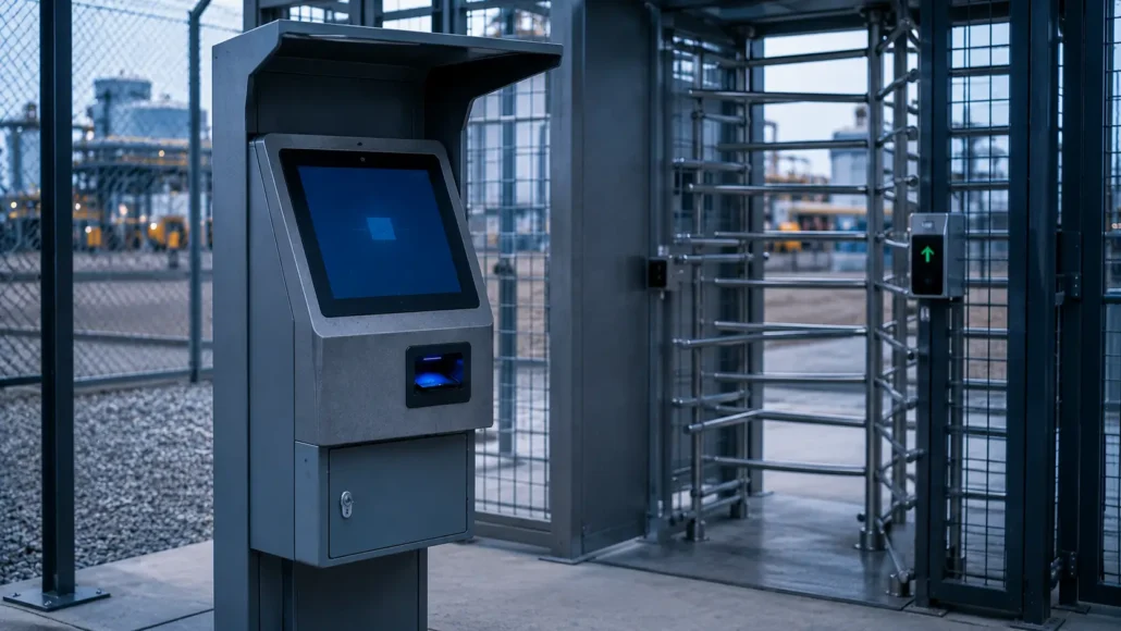 Access control card issuing kiosk deployed at an industrial facility security entrance