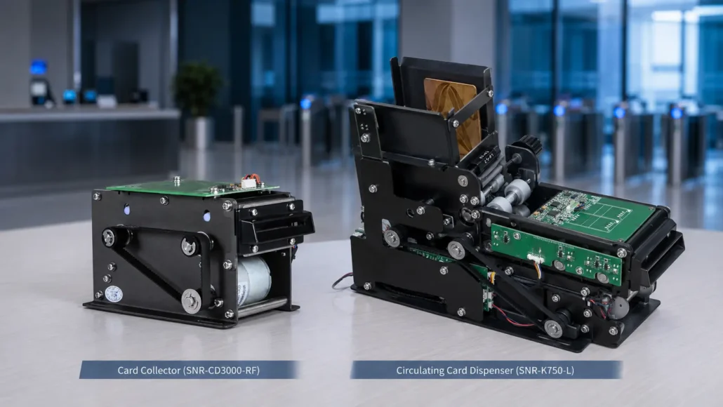 Comparison between card collector and circulating card dispenser for visitor credential management