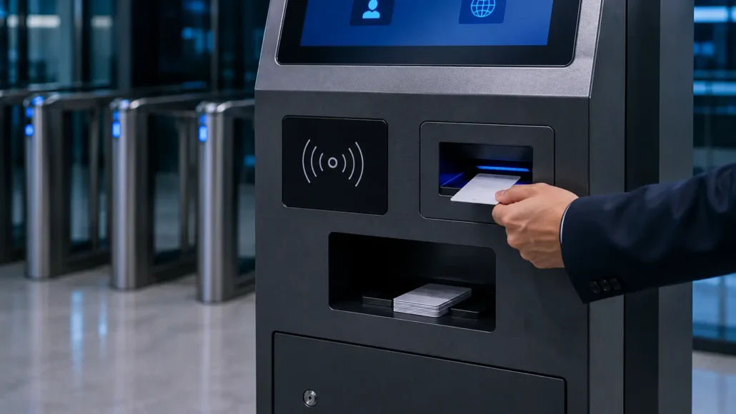 RFID visitor card dispenser issuing temporary access card in visitor management kiosk
