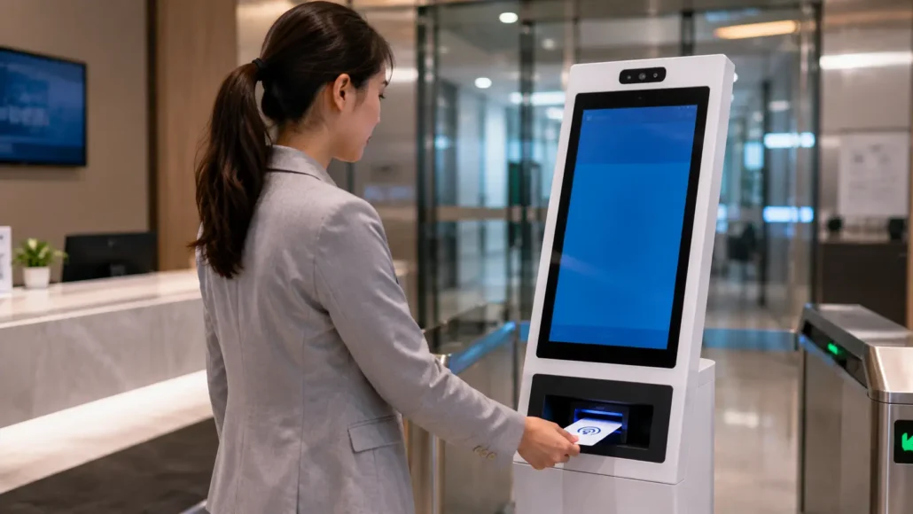 Visitor management kiosk using RFID access cards for identity verification