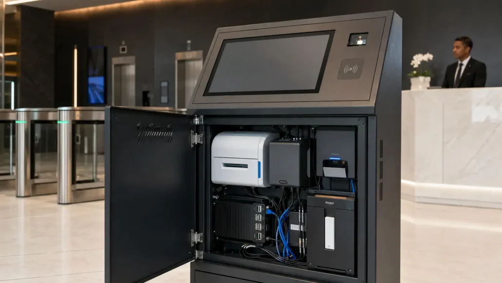 Visitor management kiosk hardware architecture with badge printer card dispenser scanner and industrial PC