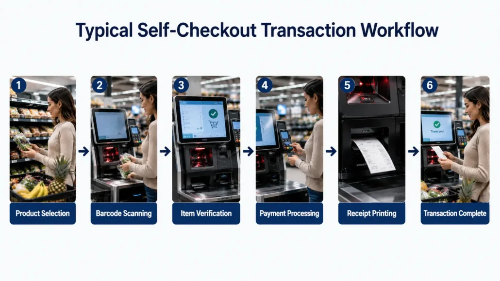 Workflow of a self-checkout system from barcode scanning to receipt printing